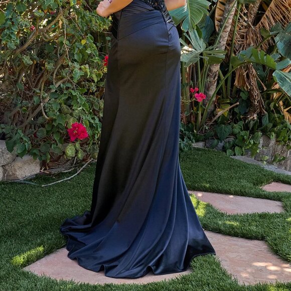 New Sequins Embellished Maxi Prom Satin Dress w/ Lace Up Back & Leg Slit GL3702 - Picture 12 of 12